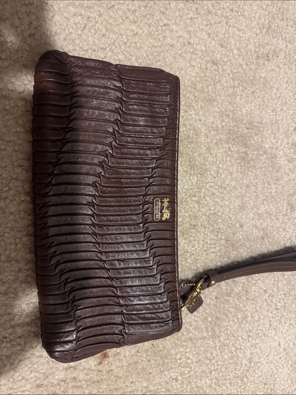 Coach Dark Brown Ruched Leather Wristlet